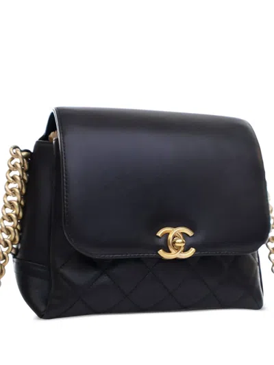 Pre-owned Chanel 2019 Quilted Goatskin Side Chain Compartment Flap Crossbody Bag In Black
