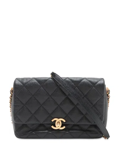 Pre-owned Chanel 2021-2025 Small Quilted Caviar Chain Melody Flap Crossbody Bag In Black