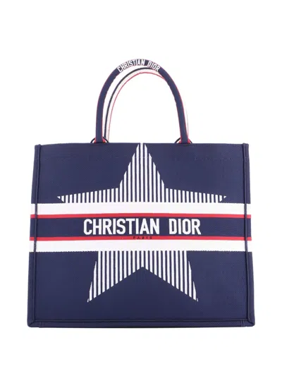 Pre-owned Dior Book Embroidered Canvas Large Tote Bag In Blue