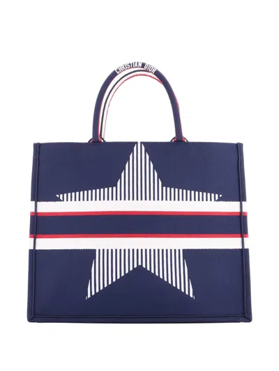 Pre-owned Dior Book Embroidered Canvas Large Tote Bag In Blue