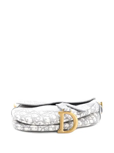 Pre-owned Dior Saddle Handbag Logo Embroidered Oblique Canvas Medium Shoulder Bag In White