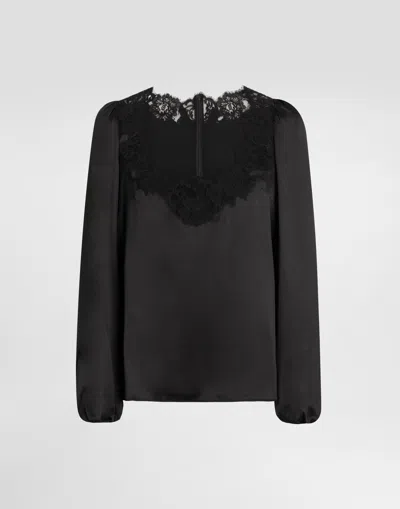 Dolce & Gabbana Lace-trim Balloon-sleeve Silk Blouse In Black