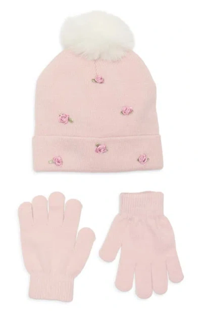 Capelli New York Kids' Rosette Beanie & Gloves Set In Pink