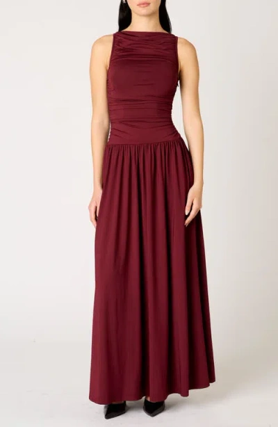 Nia Clea Ruched Sleeveless Drop Waist Maxi Dress In Burgundy
