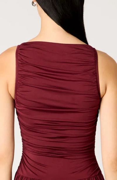Nia Clea Ruched Sleeveless Drop Waist Maxi Dress In Burgundy