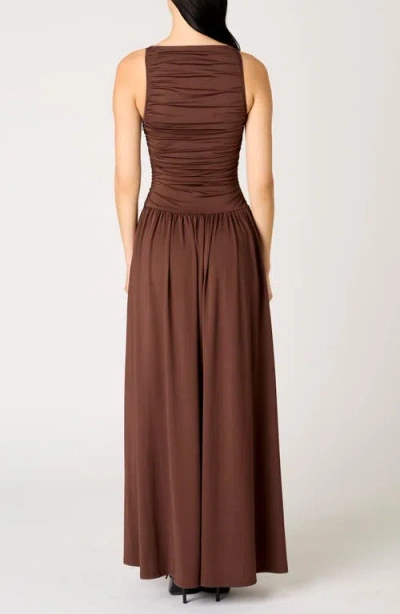 Nia Clea Ruched Sleeveless Drop Waist Maxi Dress In Brown
