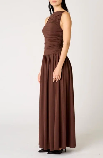 Nia Clea Ruched Sleeveless Drop Waist Maxi Dress In Brown