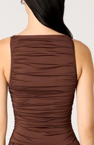 Nia Clea Ruched Sleeveless Drop Waist Maxi Dress In Brown