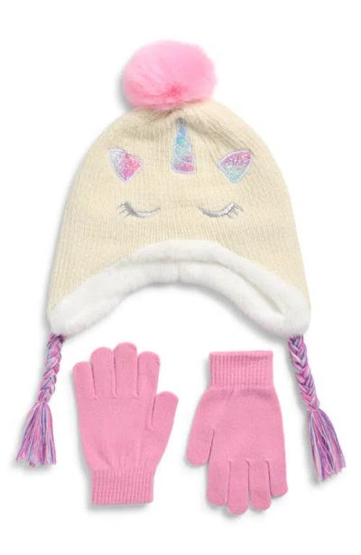 Capelli New York Kids' Chenille Unicorn Earflap Hat & Gloves Set In Neutral