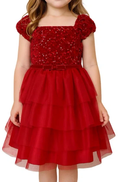Zunie Kids' Sequin Bodice Cap Sleeve Tiered Mesh Party Dress In Red