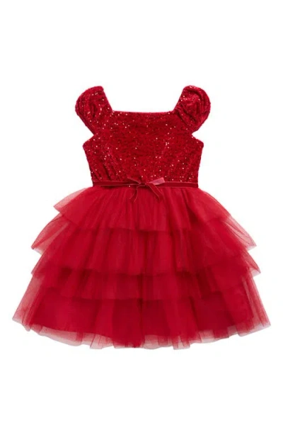Zunie Kids' Sequin Bodice Cap Sleeve Tiered Mesh Party Dress In Red