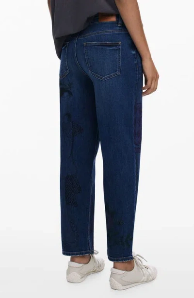 Desigual Graphic Barrel Leg Ankle Jeans In Blue