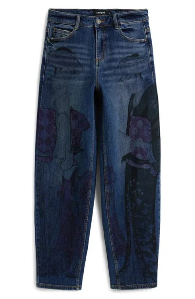 Desigual Graphic Barrel Leg Ankle Jeans In Blue