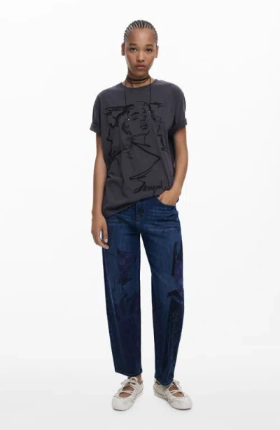Desigual Graphic Barrel Leg Ankle Jeans In Blue