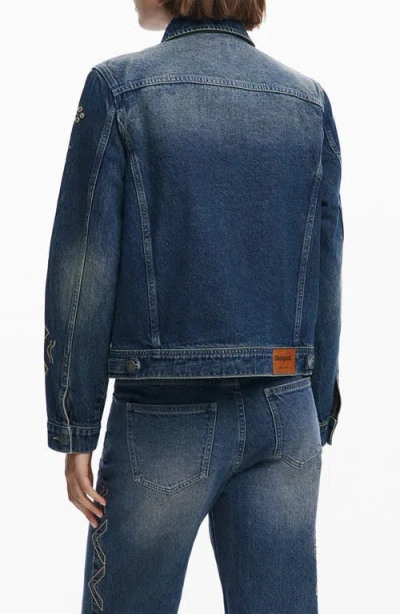 Desigual Metallic Embroidery Denim Trucker Jacket In Blue