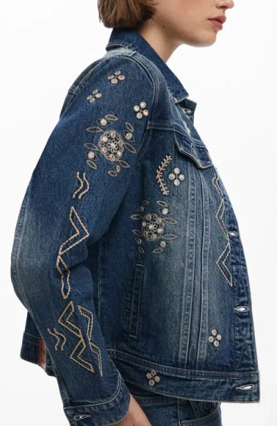 Desigual Metallic Embroidery Denim Trucker Jacket In Blue