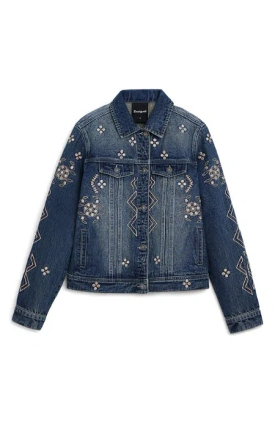 Desigual Metallic Embroidery Denim Trucker Jacket In Blue