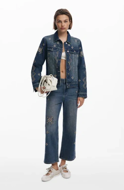 Desigual Metallic Embroidery Denim Trucker Jacket In Blue