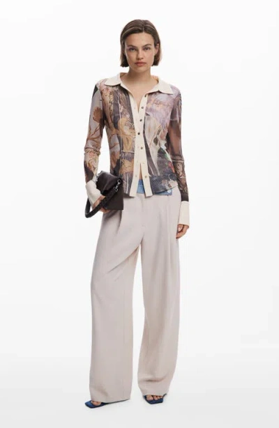 Desigual Mixed Media Wide Leg Pants In Neutral