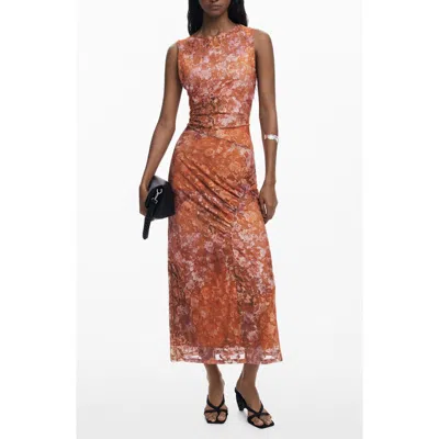 Desigual Floral Sleeveless Midi Dress In Brown
