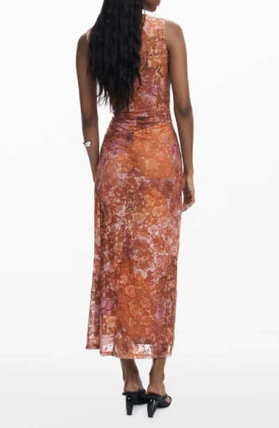 Desigual Floral Sleeveless Midi Dress In Brown