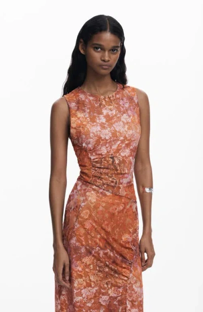 Desigual Floral Sleeveless Midi Dress In Brown