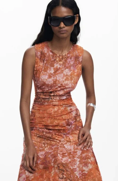 Desigual Floral Sleeveless Midi Dress In Brown