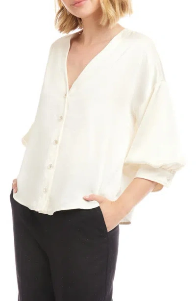 Karen Kane Satin Lantern Sleeve Button-up Shirt In White