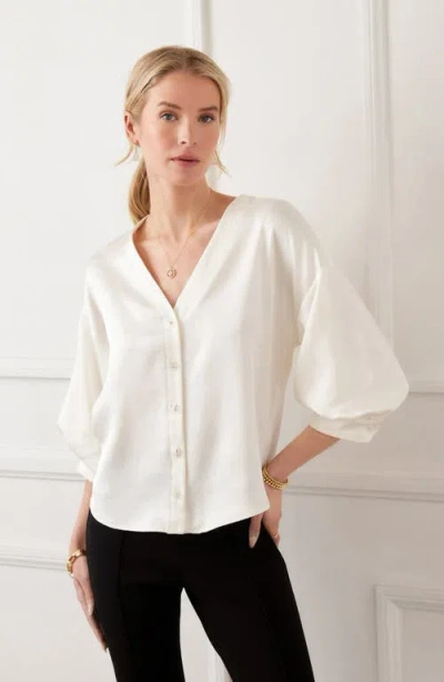 Karen Kane Satin Lantern Sleeve Button-up Shirt In White