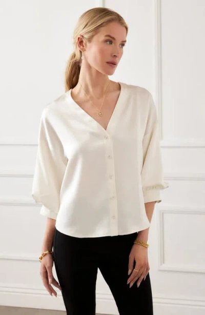 Karen Kane Satin Lantern Sleeve Button-up Shirt In White