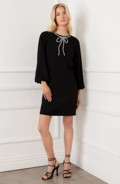Karen Kane Embellished Bow Long Sleeve Shift Dress In Black