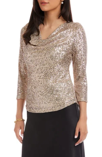 Karen Kane Three Quarter Sleeve Drape Front Sequin Top In Gold