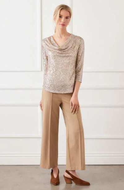 Karen Kane Three Quarter Sleeve Drape Front Sequin Top In Gold