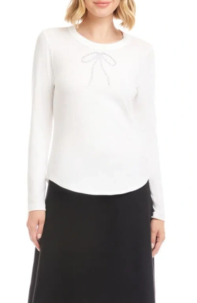 Karen Kane Embellished Rhinestone Bow Long Sleeve T-shirt In White