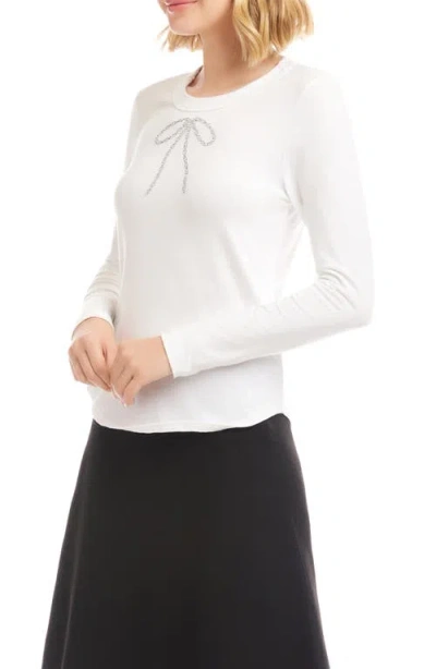 Karen Kane Embellished Rhinestone Bow Long Sleeve T-shirt In White