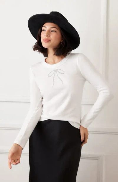Karen Kane Embellished Rhinestone Bow Long Sleeve T-shirt In White