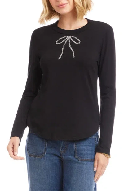 Karen Kane Embellished Rhinestone Bow Long Sleeve T-shirt In Black