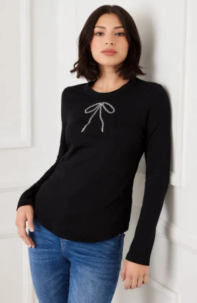 Karen Kane Embellished Rhinestone Bow Long Sleeve T-shirt In Black