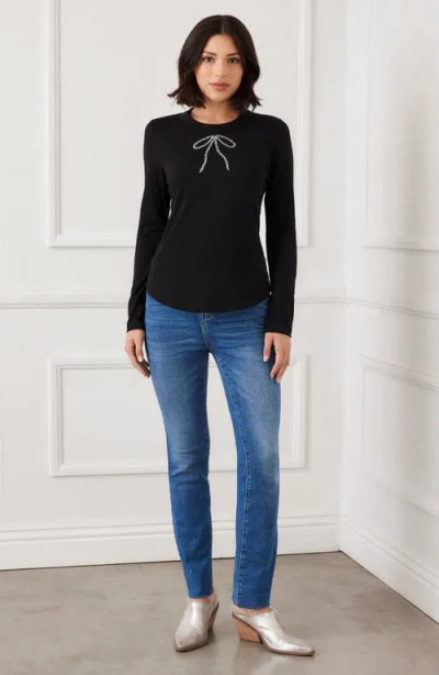 Karen Kane Embellished Rhinestone Bow Long Sleeve T-shirt In Black