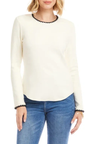 Karen Kane Long Sleeve Edge Stitch Crewneck Top In White