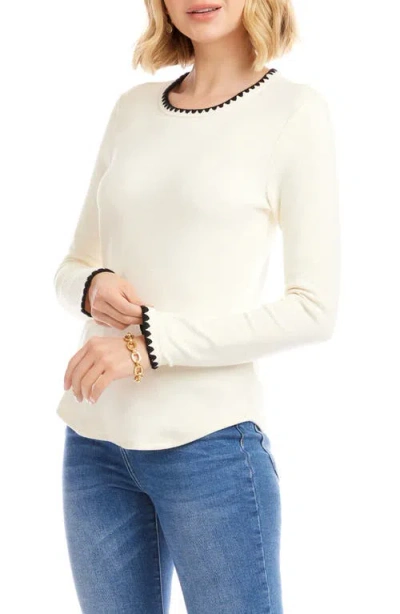 Karen Kane Long Sleeve Edge Stitch Crewneck Top In White