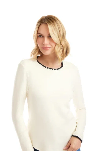 Karen Kane Long Sleeve Edge Stitch Crewneck Top In White