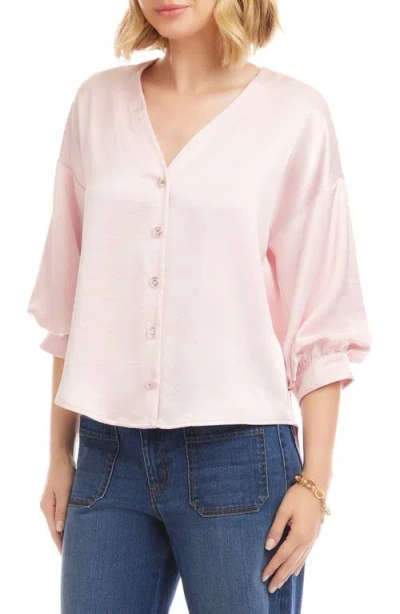 Karen Kane Satin Lantern Sleeve Button-up Shirt In Pink