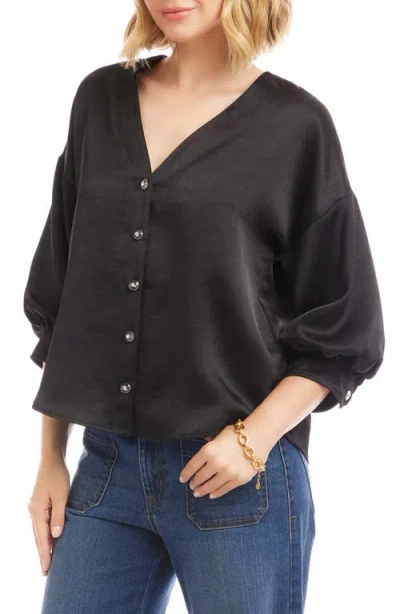 Karen Kane Satin Lantern Sleeve Button-up Shirt In Black