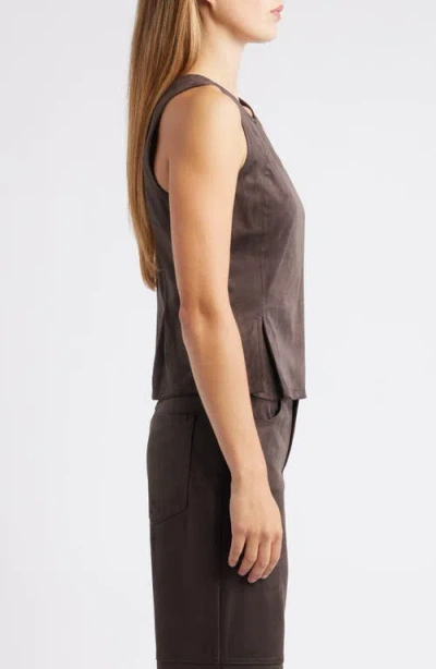 City Blues Pleated Hourglass Sleeveless Faux Suede Top In Brown
