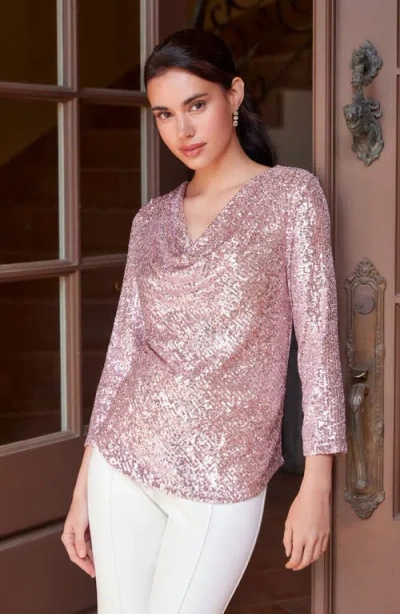Karen Kane Sequin Drape Neck Top In Pink