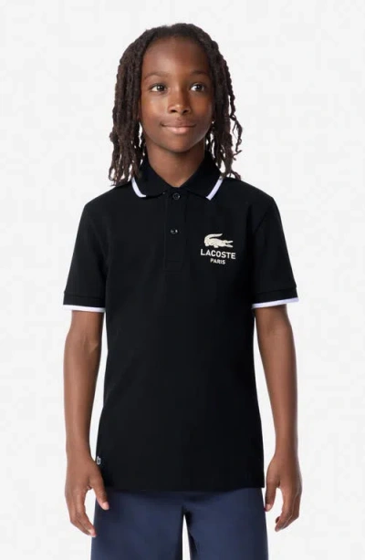 Lacoste Kids' Stretch Organic Cotton Piqué Polo In Black