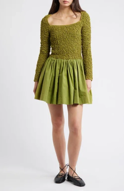 Damson Madder Malinda Smocked Long Sleeve Organic Cotton Minidress In Green