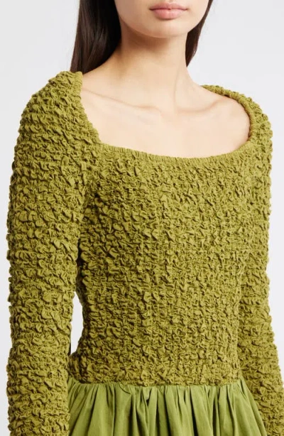 Damson Madder Malinda Smocked Long Sleeve Organic Cotton Minidress In Green