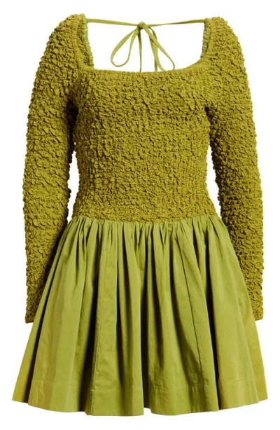 Damson Madder Malinda Smocked Long Sleeve Organic Cotton Minidress In Green